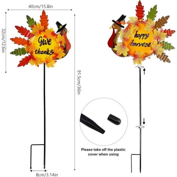 Set of 2 Turkey Garden Stakes Thanksgiving Decor, 36 Inch Metal Fall - Picture 2 of 8